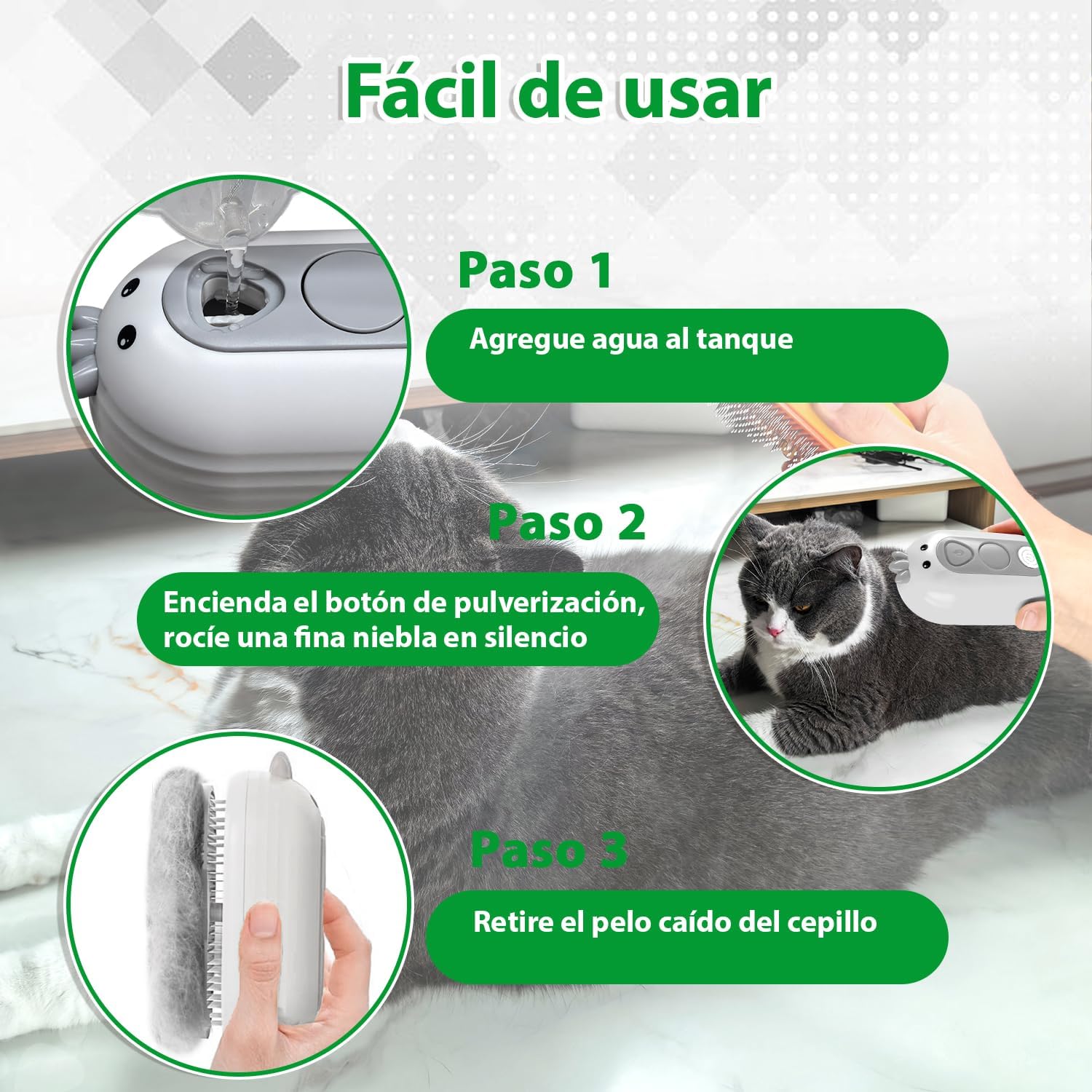Cepillo Vapor Para Gatos Con Botón de Liberación, Recargable Cepillo Gato Vapor Para Pelo Largo y Corto Gatos Perros Conejos, Autolimpiable Cepillo Para Gatos Para Mascotas con Pelo Suelto (Blanco)