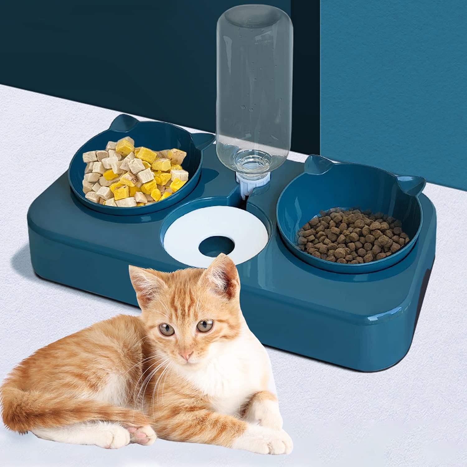 doepeBAE Cuen Comedero Perros Gatti Mascotas 3in1 Automatica Gato con Bebedero Automatici Inclinación Comedero Tazón Alimentación Gatos Perros para Gatos Cachorros(Azul)