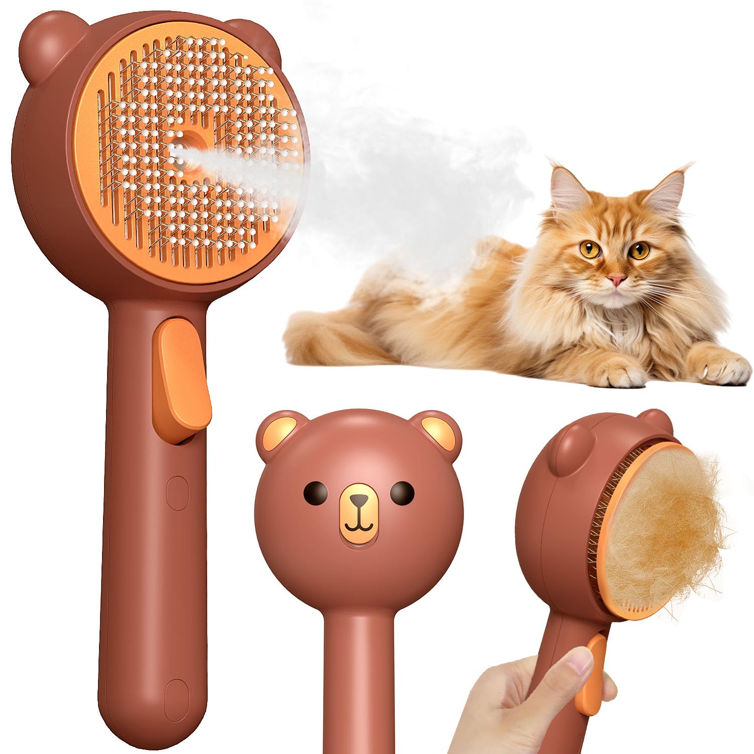 Cepillo Vapor Para Gatos Con Botón de Liberación, Recargable Cepillo Gato Vapor Para Pelo Largo y Corto Gatos Perros Conejos, Autolimpiable Cepillo Para Gatos Para Mascotas con Pelo Suelto (Blanco)