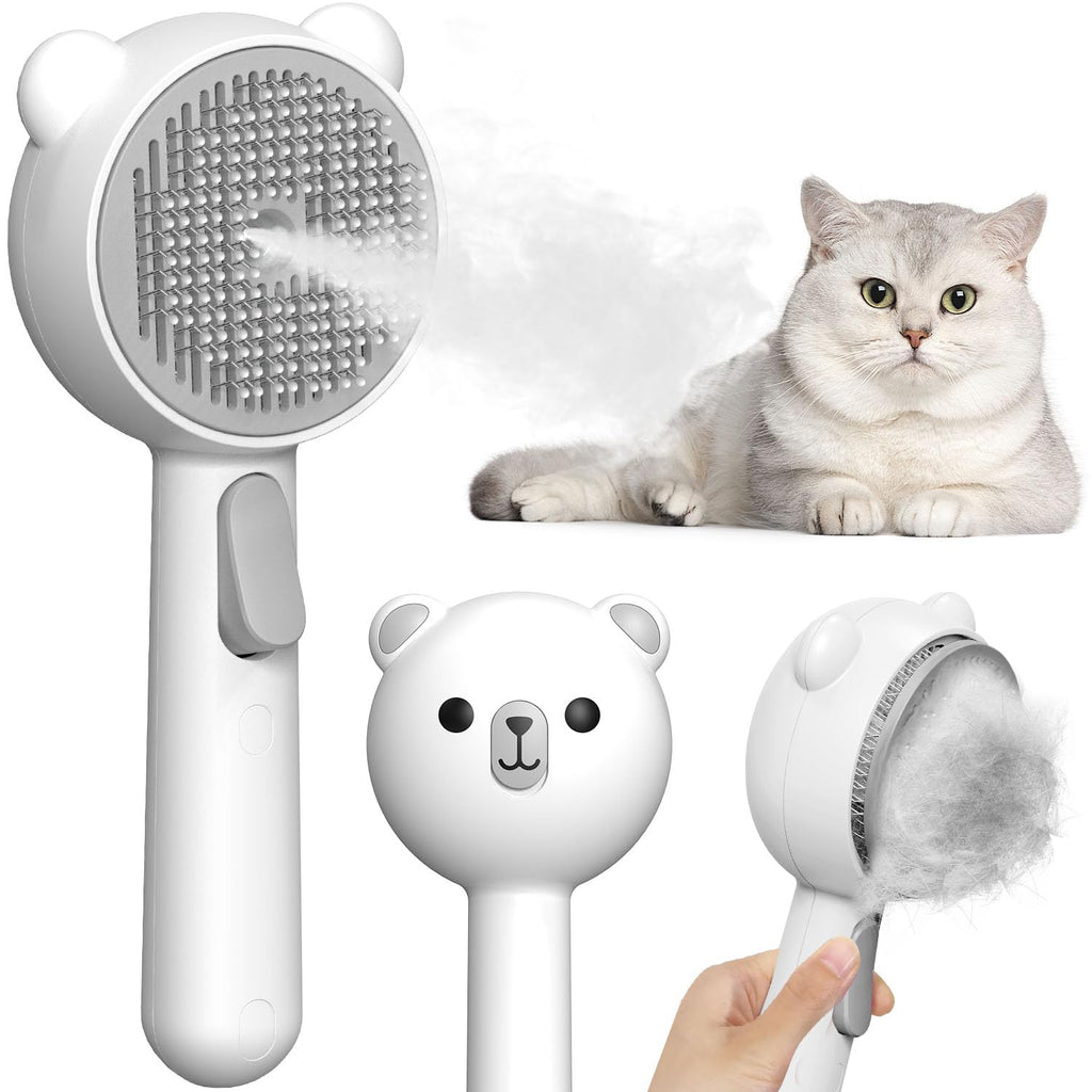 Cepillo Vapor Para Gatos Con Botón de Liberación, Recargable Cepillo Gato Vapor Para Pelo Largo y Corto Gatos Perros Conejos, Autolimpiable Cepillo Para Gatos Para Mascotas con Pelo Suelto (Blanco)
