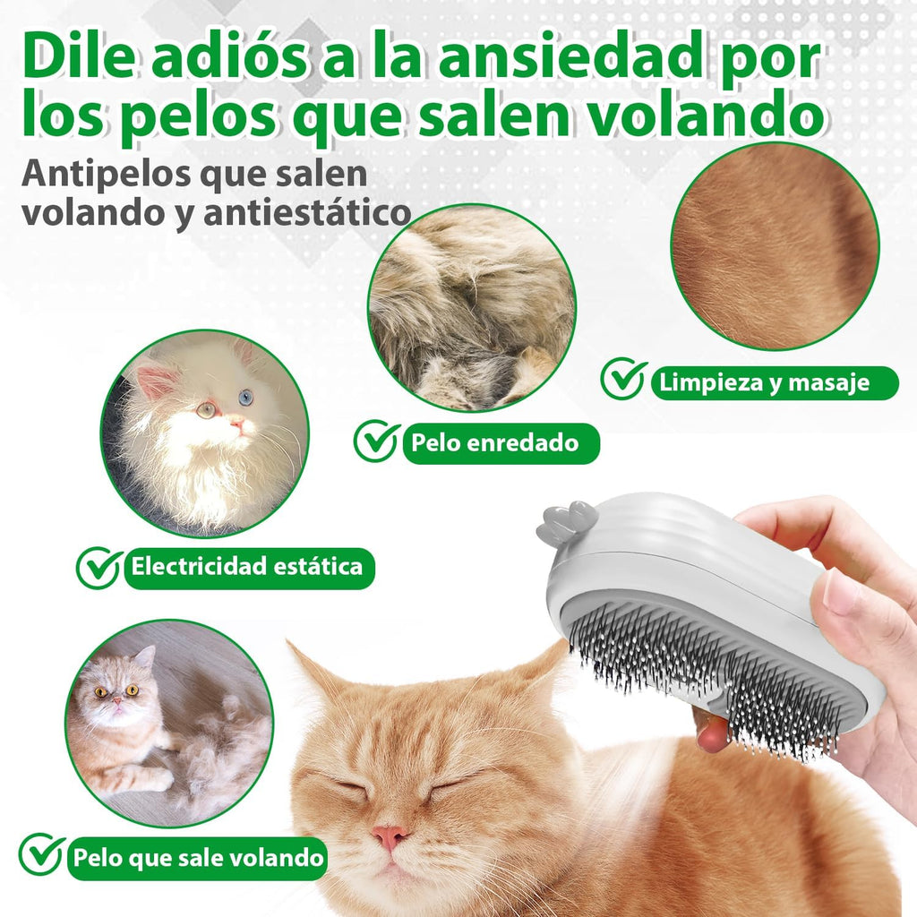 Cepillo Vapor Para Gatos Con Botón de Liberación, Recargable Cepillo Gato Vapor Para Pelo Largo y Corto Gatos Perros Conejos, Autolimpiable Cepillo Para Gatos Para Mascotas con Pelo Suelto (Blanco)
