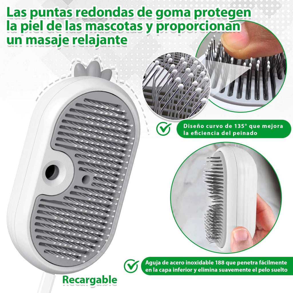 Cepillo Vapor Para Gatos Con Botón de Liberación, Recargable Cepillo Gato Vapor Para Pelo Largo y Corto Gatos Perros Conejos, Autolimpiable Cepillo Para Gatos Para Mascotas con Pelo Suelto (Blanco)